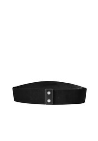 Ceinture noire en matériau texturé, dotée d'une fermeture rectangulaire lisse et contrastante avec deux boutons-pression en métal.