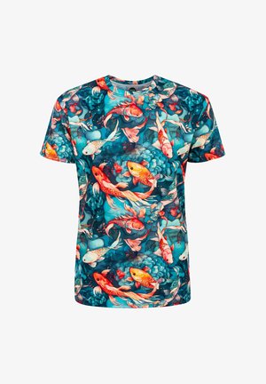 Short-sleeve t-shirt with a vibrant pattern of koi fish in shades of orange, white, and blue against a dark teal background.
