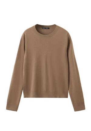 Pull marron à manches longues et col rond en tissu tricoté doux, présenté à plat sur fond blanc.