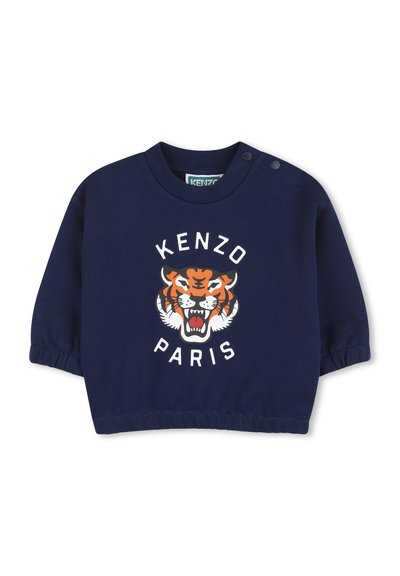 Felpa per neonati a maniche lunghe blu navy con polsini elasticizzati, bottoni a pressione sulla spalla e logo di una tigre ruggente con la scritta "KENZO PARIS".