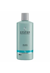 Mintfarbige Flasche des System Professional Balance Shampoos. Verfügt �über einen grauen Deckel, silberne Etikettenakzente und einen blauen Streifen. Fassung 500 ml.
