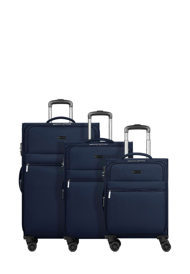 Set di bagagli blu navy con tre dimensioni. Realizzato in tessuto con superficie testurizzata, dotato di manici retrattili e quattro ruote per la mobilità.