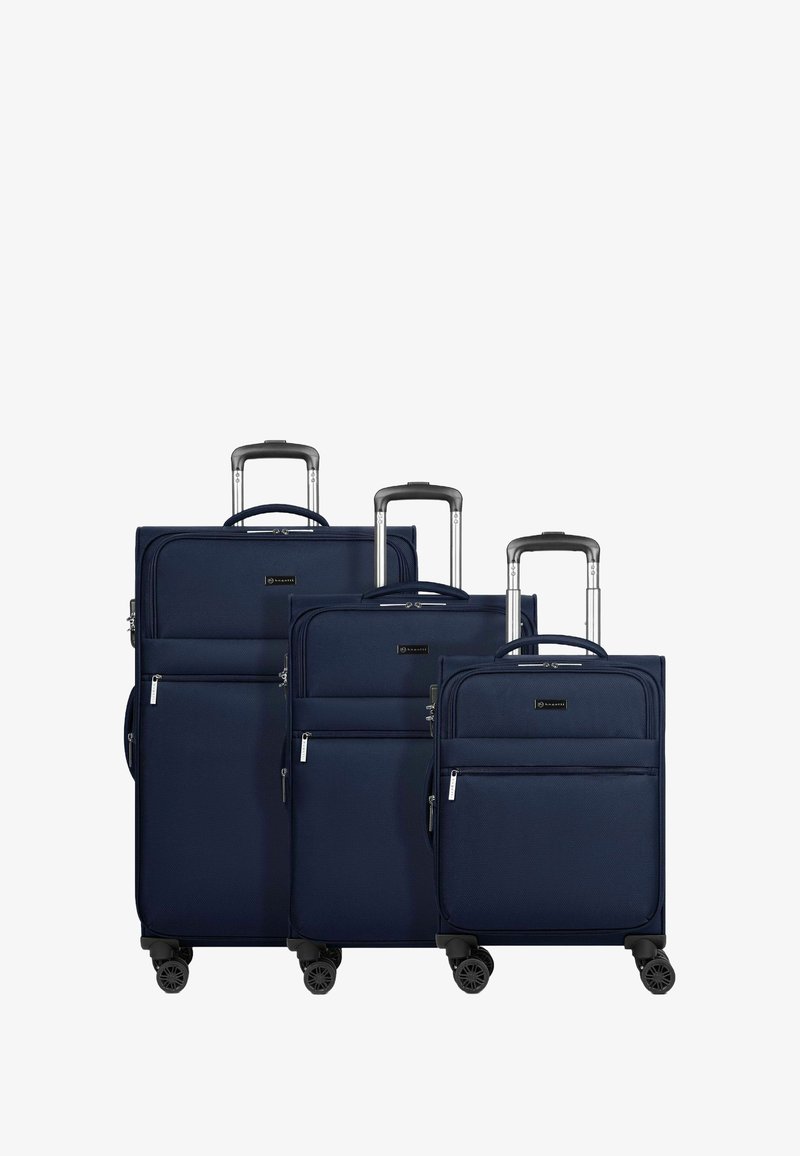 Set di bagagli blu navy con tre dimensioni. Realizzato in tessuto con superficie testurizzata, dotato di manici retrattili e quattro ruote per la mobilità.