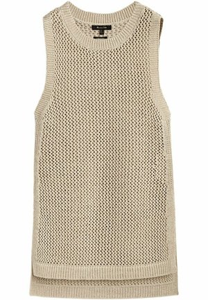 Beige sleeveless knitted sweater vest with open weave pattern and ribbed edges, layered hem detail, and round neckline.