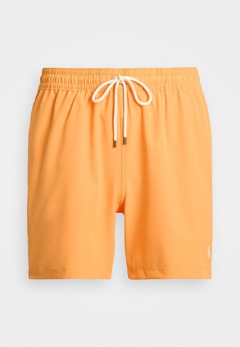 Narančaste kupaće kratke hlače s elastičnom trakicom u struku, bijelim vezicom i malim bijelim logom na donjem rubu. Glatka, lagana tkanina.