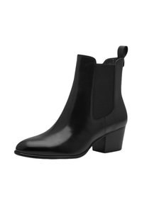 Bottines en cuir noir avec un bout pointu, un talon de bloc fin, des panneaux latéraux élastiques et une languette à l'arrière pour un enfilage facile.
