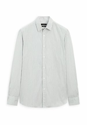 Striped button-up shirt in light blue and white. Made of cotton, featuring a collar, long sleeves, and button cuffs. Vertical stripes pattern.