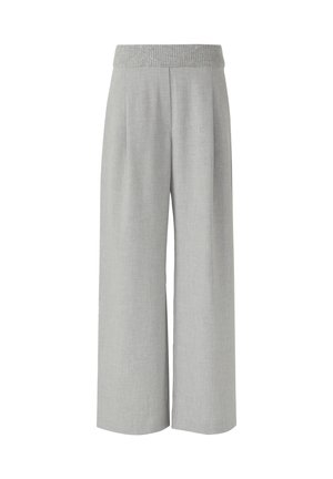 Pantalons larges gris clair avec une taille élastique texturée, mettant en avant un tissu lisse et des plis ajustés pour un look structuré.