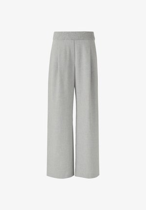 Lichtgrijze wijde broek met een geweven elastische tailleband, voorzien van een gladde stof en gelamineerde plooien voor een gestructureerde uitstraling.