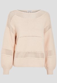 Světlounce růžový pletený svetr s texturovaným vzorem s otvory v pletení, kulatým výstřihem a žebrovanými manžetami a lemem.