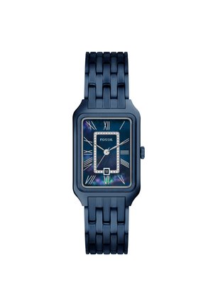 Rechthoekig blauw metalen Fossil polshorloge met schakelen armband, zwarte parelmoeren wijzerplaat, zilveren Romeinse cijfers, kristalaccenten en datumweergave.