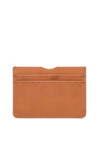 Tan leather cardholder with a smooth texture, featuring two card slots and a subtle curve at the top edge for easy access.