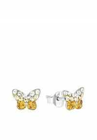 Pendientes de stud en forma de mariposa que presentan cristales claros y amarillos, con un respaldo de metal en tono plata y un acabado pulido.
