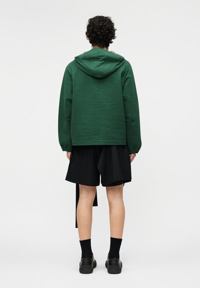 Άνδρας με σγουρά μαλλιά που φοράει πράσινο μπουφάν με κουκούλα, μαύρα σορτς, μαύρες κάλτσες και μαύρα παπούτσια, στέκεται με την πλάτη προς τα εμπρός.