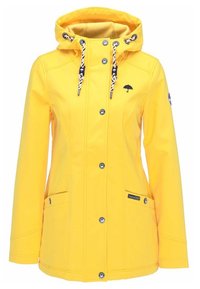 Yellow waterproof jacket with a hood, featuring black accents, drawstrings, snap buttons, and two front pockets. Umbrella logo on the chest.