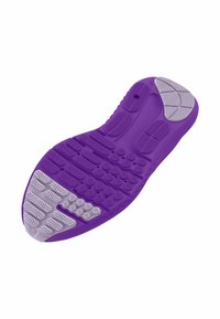 Semelle de chaussure en caoutchouc violet avec des motifs de grip texturés ; possède une section grise avec des zones lisses et légèrement striées pour une meilleure traction.