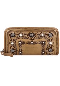Portafoglio in pelle marrone chiaro con intricate decorazioni floreali in rilievo color marrone scuro e accenti bianchi decorativi. Dotato di una tracolla e chiusura con zip.