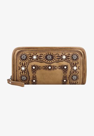 Portefeuille en cuir tan avec un embossage floral complexe en brun foncé et des accents décoratifs blancs. Comprend une dragonne et une fermeture éclair.
