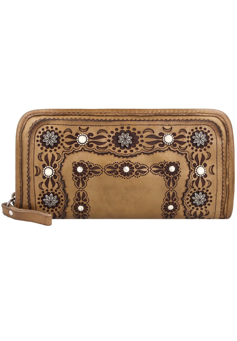 Portafoglio in pelle marrone chiaro con intricate decorazioni floreali in rilievo color marrone scuro e accenti bianchi decorativi. Dotato di una tracolla e chiusura con zip.