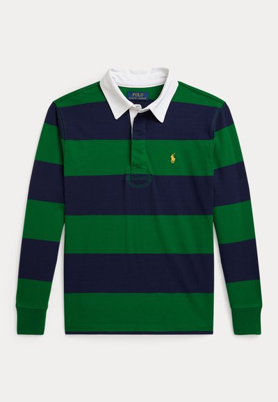 Long-sleeve polo shirt featuring alternating dark green and navy blue stripes. Classic white collar, embroidered logo on the left chest.