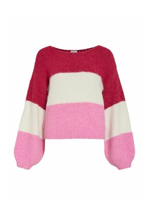 Maglione lavorato a maglia con scollo ampio, maniche lunghe e design a blocchi di colore in rosso, bianco e tonalità di rosa. Texture morbida, lunghezza corta.