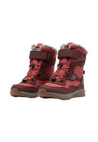 Rode en bruine geïsoleerde winterlaarzen met een nepbont rand, verstelbare riemen en veters. Getextureerde rubberen zolen voor grip en duurzaamheid.