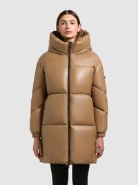 Puffer coat in light brown with a high, padded hood, zip front, and elastic cuffs. Features quilted sections for insulation.