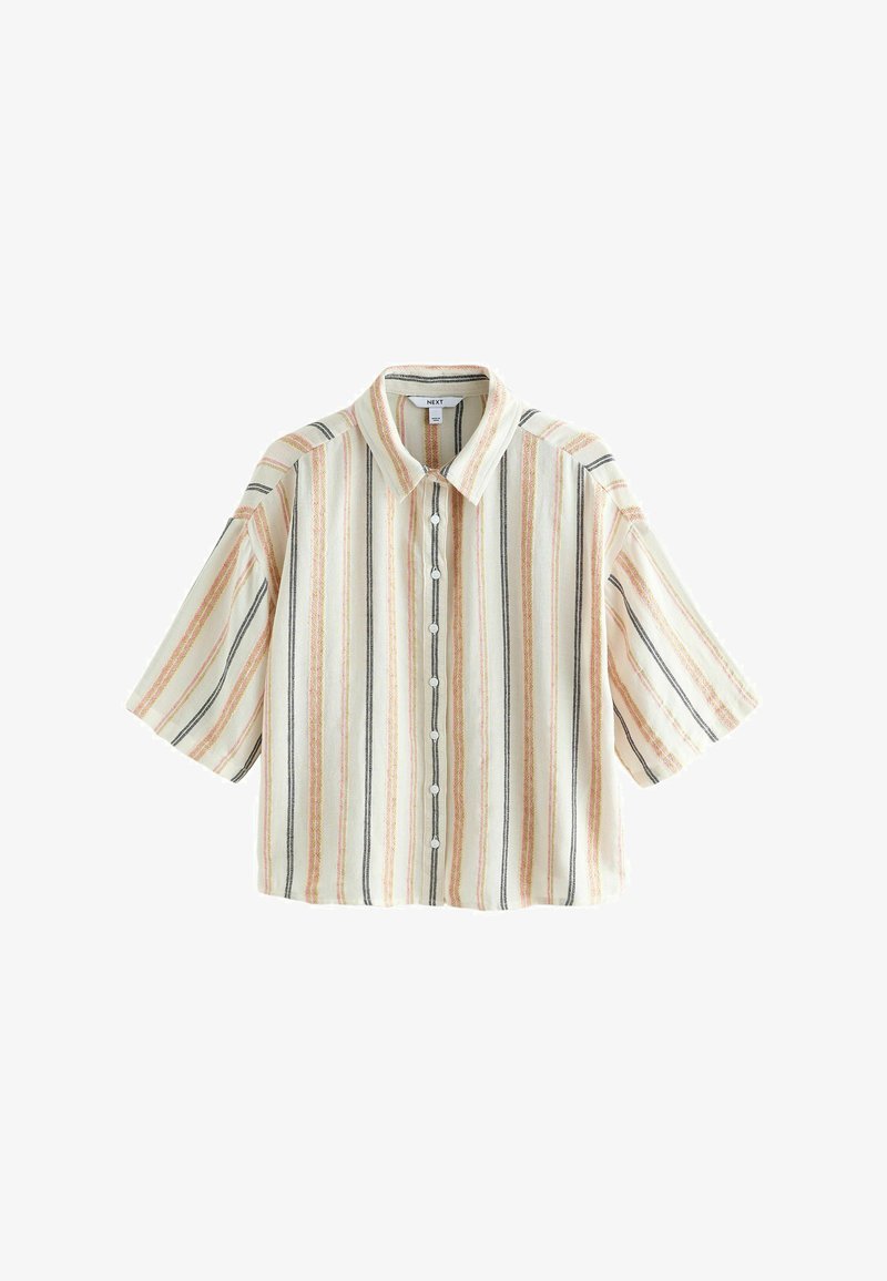 Koszula z krótkim rękawem i kołnierzykiem w kremowym kolorze z poziomymi paskami w kolorze brzoskwiniowym, rdzawym i czarnym. Posiada zapięcie na guziki i luźny krój.