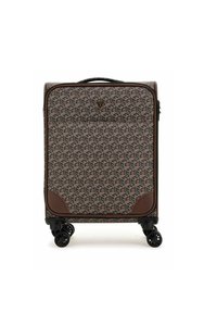 Valise rigide avec un motif géométrique marron et beige, des accents marron, deux roues et une poignée supérieure pour un transport facile.
