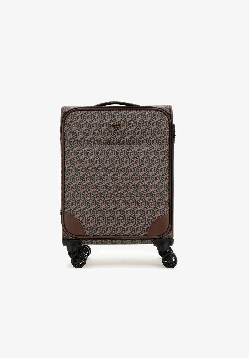 Valise rigide avec un motif géométrique marron et beige, des accents marron, deux roues et une poignée supérieure pour un transport facile.