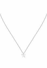 Sølv kædedyse med en lille sommerfugl pendant, glat tekstur med en poleret finish og minimalistisk design.