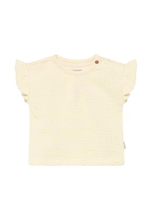 Lichtgeel kortärmlig top met een getextureerd ruitpatroon, mouwen met ruches en een enkele knoopsluiting bij de hals.