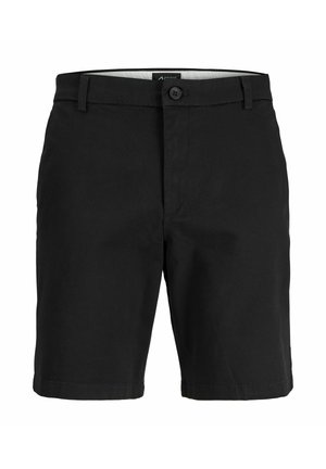 Black shorts made of a smooth fabric, featuring a front button closure, belt loops, and a simple hemline. No patterns or accents visible.