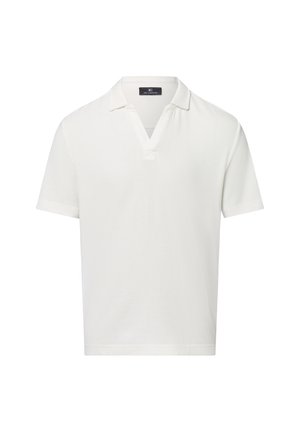 Weißes kurzärmeliges Polo-Shirt mit V-Ausschnitt, geripptem Textur und einfarbigem Muster. Der Kragen ist flach und hat eine Dreiknopf-Leiste.