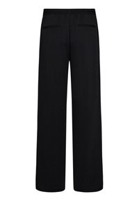 Zwarte wijde broek gemaakt van een zachte stof met een elastische tailleband en twee achterzakken, met een gladde textuur en een minimalistisch ontwerp.