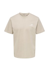 Μπεζ κοντομάνικο T-shirt με στρογγυλή λαιμόκοψη και μικρό κείμενο "VISIONARY" με λογότυπο ματιού στο αριστερό στήθος.