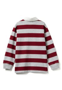 Koszula z długim rękawem w paski, z naprzemiennymi poziomymi paskami w kolorze bordo i szarym, białym kołnierzykiem oraz prążkowanymi mankietami. Miękka tekstura materiału.