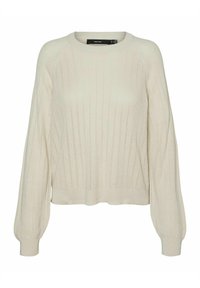 Pull en tricot de couleur crème avec de longues manches bouffantes et des poignets et un ourlet côtelés, présentant un subtil motif de tricot ouvert vertical.
