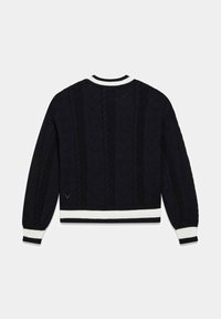 Maglione a maglia blu navy con motivo a cuori testurizzati, con scollo rotondo a righe bianche e dettagli a costine sui polsini. Design corto con maniche lunghe.