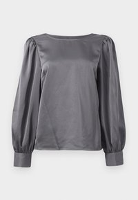 Grå satengbluse med rund halslinje, lange puffede ermer og tettsittende mansjetter. Glatt tekstur, litt skinnende finish.