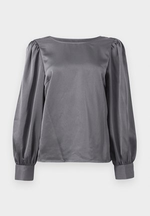 Gray satin blouse with a round neckline, long puffed sleeves, and fitted cuffs. Smooth texture, slightly shiny finish.