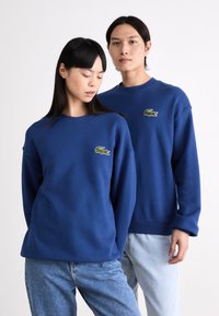 Sudaderas de algodón azul con escote redondo, con un pequeño logo de cocodrilo verde y rojo de Lacoste en el pecho. Corte casual.
