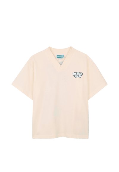 Roomkleurig T-shirt met korte mouwen en V-hals, met het logo "Kenzo Paris" gedrukt op de linkerborst.