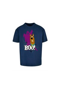 Navy blue cotton t-shirt featuring a cartoon dog and ghost design, with the text "BOO!" and spider webs as accents.