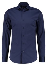 Marineblaues Langarmhemd aus glattem Stoff, mit Knopfleiste vorne, spitzem Kragen und abgerundetem Saum sowie Standardmanschetten.