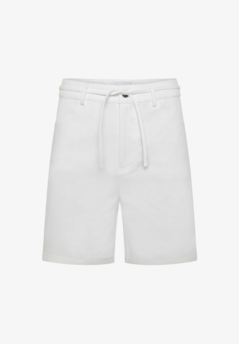 White cotton shorts with an elastic waistband, drawstring closure, and two side pockets. Smooth texture and knee-length design.