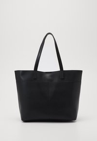 Zwarte tote bag met een gladde textuur, twee stevige handvatten en een minimalistisch ontwerp. Heeft een gestructureerde vorm en geen zichtbare hardware of versieringen.