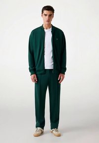 Grønt træningssæt med en lynlåstrøje med ribkanter ved ærmerne og matchende bukser. Blødt stof med løs pasform; stylet med en enkel hvid skjorte under.