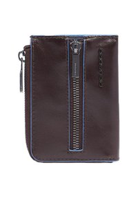 Brown leather wallet with a textured finish, featuring a blue accent zipper and a side attachment loop for convenience. Compact design.