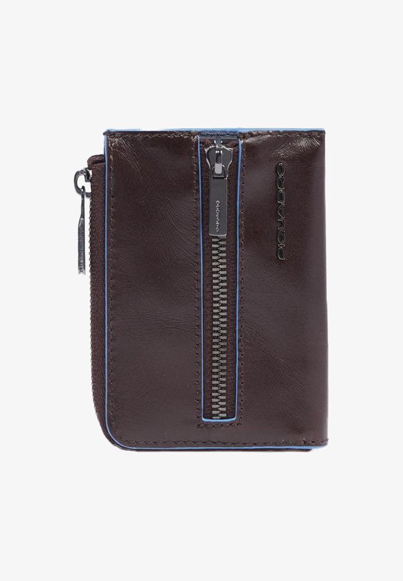 Brown leather wallet with a textured finish, featuring a blue accent zipper and a side attachment loop for convenience. Compact design.